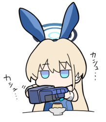 Rule 34 | 1girl, animal ears, blonde hair, blue archive, blue eyes, blue hairband, blue halo, blue leotard, chibi, commentary request, fake animal ears, food, hairband, halo, jitome, leotard, long hair, lowres, motion lines, nyaru (nyaru 4126), official alternate costume, power fist, pudding, rabbit ears, simple background, solo, strapless, strapless leotard, toki (blue archive), toki (bunny) (blue archive), translation request, upper body, very long hair, white background, wrist cuffs