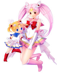 Rule 34 | 2girls, :o, age switch, aged down, aged up, bishoujo senshi sailor moon, blonde hair, blue eyes, blue sailor collar, boots, bow, brooch, chibi usa, choker, cone hair bun, double bun, elbow gloves, full body, gloves, hair bun, hair ornament, hairpin, heart, heart brooch, isozi, jewelry, knee boots, long hair, looking back, multicolored clothes, multicolored skirt, multiple girls, pink footwear, pink hair, pleated skirt, red bow, red eyes, ribbon, sailor chibi moon, sailor collar, sailor moon, sailor senshi, short hair, skirt, smile, super sailor chibi moon, super sailor moon, tiara, tsukino usagi, twintails, white background, white gloves
