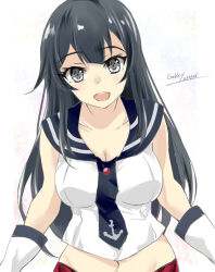 Rule 34 | 1girl, agano (kancolle), anchor symbol, black hair, black necktie, black sailor collar, commentary request, gakky, gloves, green eyes, kantai collection, long hair, midriff, navel, necktie, one-hour drawing challenge, open mouth, red skirt, round teeth, sailor collar, school uniform, serafuku, shirt, simple background, skirt, sleeveless, sleeveless shirt, smile, solo, teeth, upper body, upper teeth only, white background, white gloves