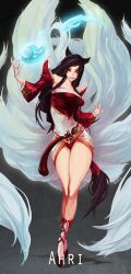 Rule 34 | 1girl, ahri (league of legends), animal ears, bare shoulders, black hair, breasts, character name, cleavage, detached sleeves, duto, energy ball, fox ears, fox tail, hair ribbon, highres, league of legends, long hair, low-tied long hair, multiple tails, ribbon, skirt, smile, solo, tail, very long hair, yellow eyes
