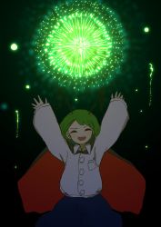 Rule 34 | 1girl, ^ ^, absurdres, androgynous, antennae, arms up, black background, black cape, blue shorts, bug, cape, closed eyes, collared shirt, cowboy shot, firefly, fireworks, flat chest, genki dama, gradient background, green background, green hair, happy, highres, insect, neruzou, night, night sky, open mouth, outdoors, outstretched arms, red cape, shirt, short hair, shorts, simple background, sky, teeth, tomboy, touhou, two-sided cape, two-sided fabric, upper teeth only, white shirt, wriggle nightbug