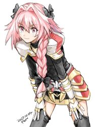 Rule 34 | 1boy, armor, astolfo (fate), black bow, black shirt, black thighhighs, bow, braid, dated, fate/apocrypha, fate (series), fon-due (fonfon), garter straps, gloves, hair between eyes, hair bow, hands on own knees, leaning forward, long hair, male focus, multicolored hair, pink eyes, pink hair, shirt, signature, single braid, solo, streaked hair, thighhighs, trap, white background, white gloves