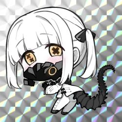 Rule 34 | 1girl, ass, black mask, black tail, blue archive, blush, chibi, colored skin, dress, ein (blue archive), full body, long sleeves, looking at viewer, mask, mechanical hands, medium hair, nakamura kumarin, respirator, solo, symbol-shaped pupils, twintails, white dress, white hair, white skin, x-shaped pupils, yellow eyes
