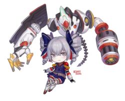 Rule 34 | 1girl, artist name, blue bow, blue jacket, blue skirt, bow, bronya zaychik, bronya zaychik (valkyrie chariot), chibi, closed mouth, commentary, drill hair, english commentary, expressionless, full body, grey eyes, grey hair, hair bow, honkai (series), honkai impact 3rd, jacket, kutty-sark, looking at viewer, project bunny, simple background, skirt, solo, twin drills, white background