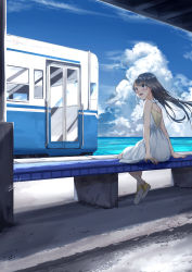 Rule 34 | 1girl, bare arms, bench, black hair, blue sky, blush, brown eyes, camisole, commentary request, crossed ankles, dress, from behind, hair blowing, highres, horizon, long hair, looking to the side, ocean, open mouth, original, signature, sky, sleeveless, sleeveless dress, solo, soragane (banisinngurei), spaghetti strap, striped camisole, summer, sundress, teeth, train, train station, upper teeth only, very long hair, white dress, wind, yellow camisole, yellow footwear