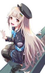 Rule 34 | 1girl, armband, bench, black gloves, black hat, black jacket, black pantyhose, black skirt, bow, coffee, coffee cup, cup, disposable cup, fune (fune93ojj), gloves, goddess of victory: nikke, hair bun, hat, highres, jacket, long hair, long sleeves, looking at viewer, open mouth, pantyhose, pleated skirt, red eyes, shirt, single side bun, sitting, skirt, soline (nikke), solo, thigh strap, thighs, unworn gloves, very long hair, white hair, white shirt