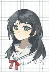 Rule 34 | 1girl, bang dream!, bang dream! it&#039;s mygo!!!!!, black hair, blue eyes, closed mouth, commentary, cropped torso, dated, expressionless, grid background, hashtag-only commentary, highres, long hair, looking at viewer, neck ribbon, red ribbon, ribbon, sailor collar, solo, upper body, white sailor collar, yahata umiri, zhao yifei