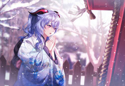 Rule 34 | 1girl, ahoge, alternate costume, blue hair, blurry, commentary request, depth of field, facing away, ganyu (genshin impact), genshin impact, goat horns, hair between eyes, highres, horns, japanese clothes, kimono, long hair, long sleeves, looking away, outdoors, own hands together, parted lips, ponytail, praying, purple eyes, rope, shant 07, shimenawa, shrine, sidelocks, snowing, solo, steam, tree, visible air, wide sleeves