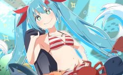 Rule 34 | 1girl, air bubble, animal, aqua eyes, aqua hair, bikini, bow, breasts, bubble, carrying over shoulder, coat, crab, fish, from below, hair bow, hand on own hip, hand up, hatsune miku, highres, holding, holding clothes, holding coat, jewelry, kelp, kuroiwa brs, looking at viewer, midriff, navel, necklace, octopus hair ornament, red bikini, red bow, shrimp, small breasts, smile, solo, sparkle, sparkling eyes, striped bikini, striped clothes, swimsuit, upper body, vocaloid, wavy hair, white hair, yuki miku, yuki miku (2022)