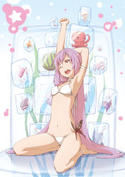 Rule 34 | 1girl, anklet, arm up, armlet, armpits, arms behind head, barefoot, bikini, conch, cube, food, fruit, full body, highres, jellyfish, jewelry, long hair, navel, noraico, octopus, one eye closed, open mouth, original, purple hair, red eyes, seiza, sitting, solo, spread legs, starfish, stretching, swimsuit, very long hair, watermelon, white bikini, wink
