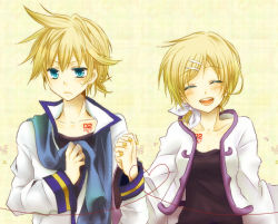 Rule 34 | 1boy, 1girl, alternate hairstyle, aqua eyes, bad id, bad pixiv id, blonde hair, blush, brother and sister, cosplay, costume switch, hetero, holding hands, kagamine len, kagamine rin, kaito (vocaloid), siblings, twins, vocaloid, yokohata nana