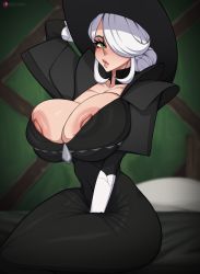 Rule 34 | 1girl, absurdres, adjusting clothes, adjusting headwear, bed, bed sheet, black dress, black hat, blurry, blurry background, breasts, cleavage, cogita (pokemon), collarbone, cowboy shot, creatures (company), dress, game freak, green eyes, hair over one eye, hat, highres, huge breasts, indoors, lips, looking at viewer, nintendo, nipple slip, nipples, parted lips, pokemon, pokemon legends: arceus, r3dstar, silver hair, sitting, skin tight, solo