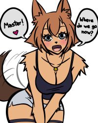 Rule 34 | 10s, 1girl, :d, animal ears, artist request, between legs, blush, breasts squeezed together, breasts, brown hair, claws, cleavage, dog ears, dog girl, dog tail, english text, fang, fangs, female focus, flat color, furry, furry female, grey eyes, hand between legs, heart, highres, jewelry, kobold, large breasts, leaning forward, light brown hair, looking at viewer, messy hair, monster girl, monster musume no iru nichijou, name tag, necklace, open mouth, polt, short hair, short shorts, shorts, smile, solo, spoken heart, sweatband, tail, tail wagging, tank top, transparent background, wet nose, wide hips