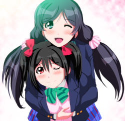 Rule 34 | 10s, 2girls, blush, bow, breasts, closed mouth, female focus, flat chest, green eyes, hair between eyes, hair bow, highres, hug, hug from behind, large breasts, looking at viewer, love live!, love live! school idol project, low twintails, multiple girls, one eye closed, open mouth, otonokizaka school uniform, red eyes, school uniform, smile, tojo nozomi, twintails, yazawa nico