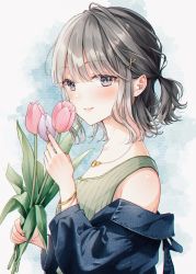 Rule 34 | 1girl, bad id, bad twitter id, bare shoulders, blue jacket, blush, bracelet, camisole, closed mouth, flower, green camisole, grey eyes, grey hair, hair ornament, hand up, highres, holding, holding flower, jacket, jewelry, long sleeves, looking at viewer, necklace, original, pink flower, ponytail, short hair, sleeveless, smile, solo, tadano yukiko, tulip