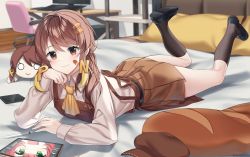 Rule 34 | 1girl, absurdres, black footwear, black socks, blurry, blurry background, blush, brown eyes, brown hair, brown skirt, character request, closed mouth, commission, desk, highres, indie virtual youtuber, indoors, kneehighs, lips, long hair, long sleeves, looking at viewer, lying, on bed, on stomach, pleated skirt, rynzfrancis, skirt, smile, socks, solo, stylus, swivel chair, tablet pc, virtual youtuber