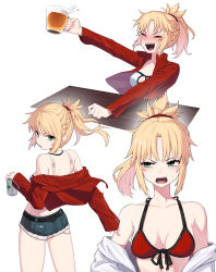 Rule 34 | 1girl, absurdres, alcohol, angry, bare shoulders, beer, beer mug, blonde hair, blush, bra, braid, breasts, child (isoliya), cleavage, commentary request, cup, denim, denim shorts, drunk, fate/grand order, fate (series), from behind, green eyes, hair ornament, happy, highres, holding, jewelry, long hair, looking at viewer, medium breasts, mordred (fate), mordred (fate/apocrypha), mordred (memories at trifas) (fate), mug, multiple views, necklace, open mouth, ponytail, red bra, red scrunchie, scrunchie, shirt, shorts, simple background, underwear, white background, white shirt