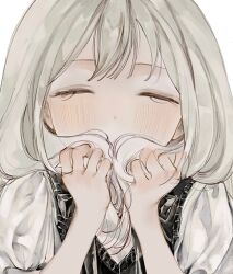 Rule 34 | 1girl, black vest, blonde hair, chinese commentary, closed eyes, commentary request, covered mouth, eyelashes, highres, holding, holding hands, holding own hair, long hair, looking at viewer, moaomao mo, original, puffy short sleeves, puffy sleeves, shirt, short sleeves, simple background, solo, sweater vest, upper body, v-neck, vest, white background, white shirt, white sleeves