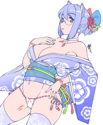 Rule 34 | 1girl, 2k-tan, animal ears, bare shoulders, blue bow, blue eyes, blue hair, blue kimono, blue sash, body writing, bow, breasts, choker, cleavage, collarbone, cowboy shot, eyelashes, female focus, fingernails, floral print, flower, glasses, green bow, groin, hair between eyes, hair bow, hair flower, hair ornament, hand up, headgear, highres, japanese clothes, kimono, kouhaku nawa, large breasts, legs apart, light blue hair, multicolored bow, navel, obi, off shoulder, os-tan, panties, parted lips, pink lips, print choker, print kimono, print thighhighs, purple choker, purple thighhighs, red bow, red flower, red ribbon, ribbon, ribbon panties, rope, ruriwo (ruriwo1894), sash, shimenawa, short hair, short ponytail, side-tie panties, simple background, solo, standing, thighhighs, thighs, underwear, white background, white panties, wide sleeves