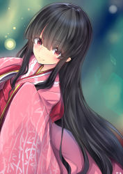 Rule 34 | 1girl, adapted costume, black hair, blush, closed mouth, hime cut, houraisan kaguya, japanese clothes, kimono, long hair, long sleeves, obi, red eyes, sash, sidelocks, smile, solo, touhou, upper body, very long hair, wide sleeves, xe-cox