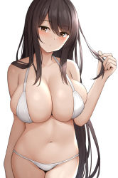 Rule 34 | 1girl, :/, bikini, blush, breasts, brown eyes, brown hair, closed mouth, collarbone, hair between eyes, hand up, highres, large breasts, long hair, looking at viewer, mizushina minato, navel, original, simple background, skindentation, solo, stomach, straight hair, swimsuit, very long hair, white background, white bikini