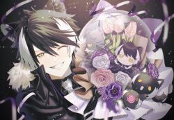 Rule 34 | 1boy, animal ear fluff, animal ears, black hair, bouquet, character doll, chibi, coat, commentary request, confetti, english text, flower, fur-trimmed coat, fur trim, gloves, grin, hair between eyes, half gloves, happy, highres, holostars, jackal boy, jackal ears, jackal tail, kageyama shien, looking at viewer, male focus, momiage 40, multicolored hair, necktie, nekoyama shien, one eye closed, smile, stole, streamers, two-tone hair, upper body, virtual youtuber, white hair, white necktie
