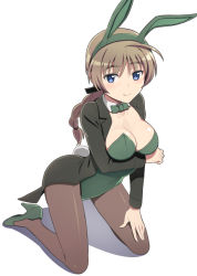 Rule 34 | 1girl, animal ears, blue eyes, bow, bowtie, braid, breasts, brown hair, brown pantyhose, cleavage, coattails, detached collar, fake animal ears, green jacket, green leotard, jacket, kneeling, leotard, looking at viewer, lynette bishop, nanashino, pantyhose, playboy bunny, rabbit ears, rabbit tail, simple background, single braid, smile, solo, strapless, strapless leotard, strike witches, tail, tailcoat, white background, world witches series, wrist cuffs