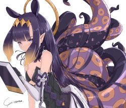 Rule 34 | 1girl, absurdres, bare shoulders, black dress, blunt bangs, book, detached sleeves, dress, hair ornament, halo, highres, hololive, hololive english, looking at viewer, ninomae ina&#039;nis, pointy ears, purple eyes, purple hair, signature, solo, tentacle hair, tentacles, virtual youtuber, white background, wings, yo na