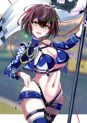 Rule 34 | 1girl, :d, ahoge, arm up, azur lane, baltimore (azur lane), baltimore (finish line flagbearer) (azur lane), bikini, black bikini, black choker, blue bikini, blue footwear, blue jacket, blue shorts, boots, braid, breasts, bridal garter, brown hair, chest harness, choker, cleavage, collarbone, commentary, cowboy shot, cropped jacket, flag, french braid, hair between eyes, harness, highleg, highleg bikini, holding, holding pole, jacket, large breasts, looking at viewer, micro shorts, mismatched bikini, mitsuhanako, navel, off shoulder, official alternate costume, open mouth, pole, race queen, short hair, shorts, sidelocks, single bare shoulder, skindentation, smile, solo, standing, stomach, swimsuit, teeth, thigh boots, underboob, underbust, upper teeth only, yellow eyes