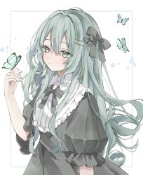 Rule 34 | 1girl, black bow, black dress, bow, bug, butterfly, butterfly on hand, dress, expressionless, green eyes, green hair, green nails, hair bow, hair ornament, hairclip, highres, insect, long hair, original, puffy short sleeves, puffy sleeves, short sleeves, solo, upper body, yuni 0205