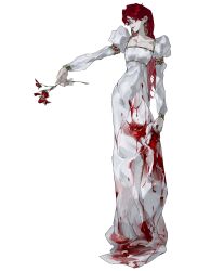 Rule 34 | 1girl, blood, blood on clothes, blood splatter, bracelet, dress, earrings, flower, gem, h8 syy, highres, holding, holding flower, jewelry, looking at object, original, pale skin, red flower, red hair, solo, white dress, yellow eyes
