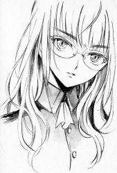 Rule 34 | 1girl, agahari, female focus, glasses, long hair, monochrome, perrine h. clostermann, portrait, solo, staring, strike witches, traditional media, white background, world witches series