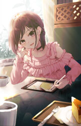 Rule 34 | 1girl, black choker, blush, braid, brown hair, cake, cake slice, choker, collarbone, cup, drawing tablet, dress, food, fork, french braid, frilled dress, frills, glass table, hand on own cheek, hand on own face, head rest, highres, holding, holding stylus, indoors, lace, lace choker, long sleeves, looking at viewer, mug, open mouth, pink dress, pink lips, pistachiocream, project sekai, shinonome ena, short hair, signature, sitting, solo, stylus, table