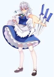 Rule 34 | 1girl, bad id, bad pixiv id, between fingers, blue eyes, female focus, foreshortening, full body, holding, izayoi sakuya, knife, maid, maid headdress, mary janes, outstretched arm, pantyhose, shoes, simple background, smile, solo, standing, teapot, throwing knife, touhou, ushi (newrein), weapon, white hair, white pantyhose, wind, wind lift