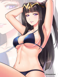 Rule 34 | 1girl, armpits, artist name, bikini, black bikini, black hair, blunt bangs, breasts, collarbone, commentary, english commentary, etchimune, fire emblem, hands up, hime cut, long hair, looking at viewer, nintendo, parted lips, purple eyes, solo, swimsuit, tharja (fire emblem), twitter username