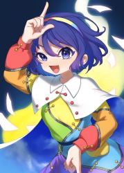 Rule 34 | 1girl, absurdres, blue hair, cape, cloak, dress, e sdss, hairband, highres, multicolored clothes, multicolored dress, multicolored hairband, orange sleeves, patchwork clothes, pointing, pointing down, pointing up, purple eyes, rainbow gradient, red button, short hair, sky print, solo, tenkyuu chimata, touhou, two-sided cape, two-sided fabric, white cloak, zipper