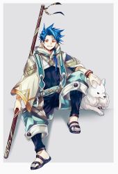 Rule 34 | 1boy, 1other, animal, baggy pants, belt, blue hair, bodysuit, bodysuit under clothes, border, bracelet, braid, braided ponytail, cape, child, cu chulainn (fate), dog, earrings, fate/grand order, fate/grand order arcade, fate (series), full body, highres, holding, holding staff, jewelry, knee up, long hair, looking at viewer, male focus, open mouth, pants, petting, puppy, red eyes, sandals, setanta (fate), sitting, slit pupils, smile, spiked hair, staff, type-moon, u 5ham0