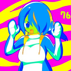 Rule 34 | 1girl, :d, blue eyes, blue hair, blue jacket, breasts, colored skin, commentary request, emperor penguin (kemono friends), green skin, hair between eyes, hair over one eye, hands up, headphones, highres, jacket, kemono friends, large breasts, lets0020, long bangs, looking at viewer, multicolored hair, neon palette, numbered, one-piece swimsuit, open clothes, open jacket, open mouth, orange hair, pink background, short hair, smile, solo, streaked hair, swimsuit, upper body, white one-piece swimsuit, yellow background