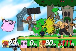 Rule 34 | :3, apocalymon, broccoli, digimon, digimon (creature), digivice, facial hair, fake screenshot, fighting, forest, full body, grass, hammer, highres, holding, holding weapon, jumping, jyureimon, kirby (series), leomon, looking at another, mario (series), mas square, mochimon, multiple boys, muscular, mustache, nature, nintendo, parody, pinochimon, sky, super mario bros. 1, trait connection, tree, weapon, yagami taichi