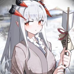 Rule 34 | 1girl, :o, arknights, arrow (projectile), blurry, blurry background, breasts, brown eyes, brown kimono, depth of field, grey hair, hamaya, highres, holding, holding arrow, horns, japanese clothes, kimono, long hair, long sleeves, medium breasts, parted lips, pointy ears, saria (arknights), solo, spam (spamham4506), upper body, very long hair, wide sleeves