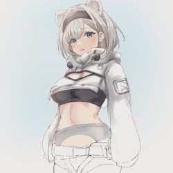 Rule 34 | 1girl, animal ears, arknights, aurora (arknights), bear ears, black hairband, black shirt, blue eyes, breasts, cleavage, cleavage cutout, clothing cutout, commentary request, cowboy shot, crop top, cropped jacket, grey background, grey hair, hairband, highres, jacket, long sleeves, looking at viewer, mameppu, midriff, parted lips, shirt, short hair, solo, standing, stomach, white jacket