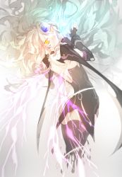 Rule 34 | 1girl, armor, armor wings, artist request, black dress, black gloves, black skirt, black thighhighs, blonde hair, blue electricity, boots, code: nemesis (elsword), dress, electric wings, elsword, eve (elsword), facial mark, fingerless gloves, forehead jewel, gloves, highres, legs together, long hair, looking at viewer, miniskirt, pink electricity, raven cronwell, short dress, silver hair, skirt, solo, standing, thigh boots, thighhighs, very long hair, yellow eyes