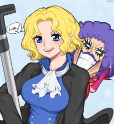 Rule 34 | 1boy, 1girl, :d, afrobull, ascot, black coat, blonde hair, blue eyes, blush, bob cut, breasts, coat, commentary, emporio ivankov, genderswap, genderswap (mtf), gloves, grey background, holding, holding smoking pipe, industrial pipe, large breasts, looking at viewer, medium hair, one piece, open clothes, open coat, open mouth, pink gloves, smoking pipe, purple hair, sabo (one piece), sanpaku, scar, scar across eye, scar on face, simple background, smile, white legwear
