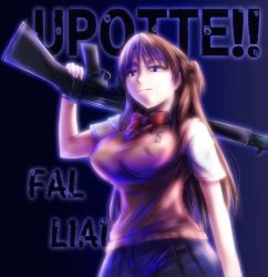 Rule 34 | 1girl, battle rifle, bow, bowtie, breasts, brown hair, fal (upotte!!), fn fal, gun, highres, huge breasts, long hair, pleated skirt, purple eyes, rifle, rpg-exen, school uniform, skirt, solo, sweater vest, upotte!!, weapon