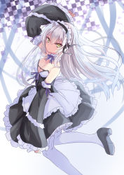 Rule 34 | 1girl, apron, arm up, bare shoulders, black dress, black footwear, black sleeves, breasts, brown eyes, checkered background, cleavage, closed mouth, commentary request, detached sleeves, dress, frilled apron, frilled dress, frilled sleeves, frills, from side, grey hair, hair between eyes, highres, hizaka, juliet sleeves, long hair, long sleeves, looking at viewer, looking to the side, medium breasts, original, pantyhose, puffy sleeves, shoe soles, shoes, sleeves past wrists, solo, very long hair, waist apron, white pantyhose, wide sleeves