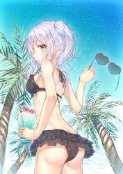 Rule 34 | 10s, 1girl, arm at side, ass, back, bad id, bad pixiv id, bendy straw, bikini, bikini skirt, black bikini, blue eyes, blush, butt crack, cup, day, drink, drinking glass, drinking straw, eyebrows, eyelashes, unworn eyewear, flower, food, from behind, from below, fruit, glasses, hakuishi aoi, hand up, heart, heart-shaped eyewear, heart-shaped sunglasses, holding, holding cup, holding drinking glass, holding removed eyewear, ice, ice cube, kantai collection, kashima (kancolle), lemon, lemon slice, looking at viewer, palm tree, parted lips, profile, red flower, sidelocks, sky, smile, solo, sparkle, strap gap, summer, sunglasses, swimsuit, tree, twintails