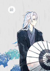 Rule 34 | 1boy, black kimono, blue eyes, blue hair, cha hanare, closed mouth, expressionless, flower, genshin impact, hair between eyes, highres, holding, holding umbrella, japanese clothes, kimono, long hair, long sleeves, looking to the side, male focus, multicolored hair, neuvillette (genshin impact), obi, outdoors, rain, sash, simple background, solo, standing, streaked hair, umbrella, very long hair, wet, wet clothes, white hair