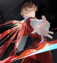 Rule 34 | 1boy, aged down, black background, closed mouth, cofffee, cowboy shot, final fantasy, final fantasy xvi, from side, highres, joshua rosfield, light brown hair, light particles, long sleeves, looking at viewer, male focus, outstretched arms, outstretched hand, red robe, red wings, robe, shirt, short hair, solo, white shirt, wings