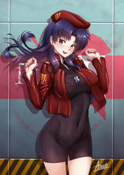 Rule 34 | 1girl, :d, adsouto, beret, black dress, breasts, brown eyes, covered navel, cowboy shot, cropped jacket, cross, curvy, dress, ear piercing, english text, floating hair, hands up, hat, highres, jacket, jewelry, katsuragi misato, large breasts, long hair, looking at viewer, neon genesis evangelion, open mouth, pendant, piercing, purple hair, red hat, red jacket, shiny skin, signature, smile, solo, tight clothes, tight dress, wide hips