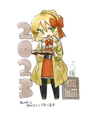 Rule 34 | 1girl, 2023, belt, black belt, black pantyhose, blonde hair, book, braid, brown footwear, coat, commentary request, crown braid, dress, green eyes, hair ribbon, hairband, happy new year, holding, holding book, library of ruina, long sleeves, neck ribbon, new year, no nose, nonga, open clothes, open coat, open mouth, orange dress, orange hairband, orange ribbon, pantyhose, project moon, ribbon, shirt, smile, solo, tiphereth a (project moon), white shirt, yellow coat